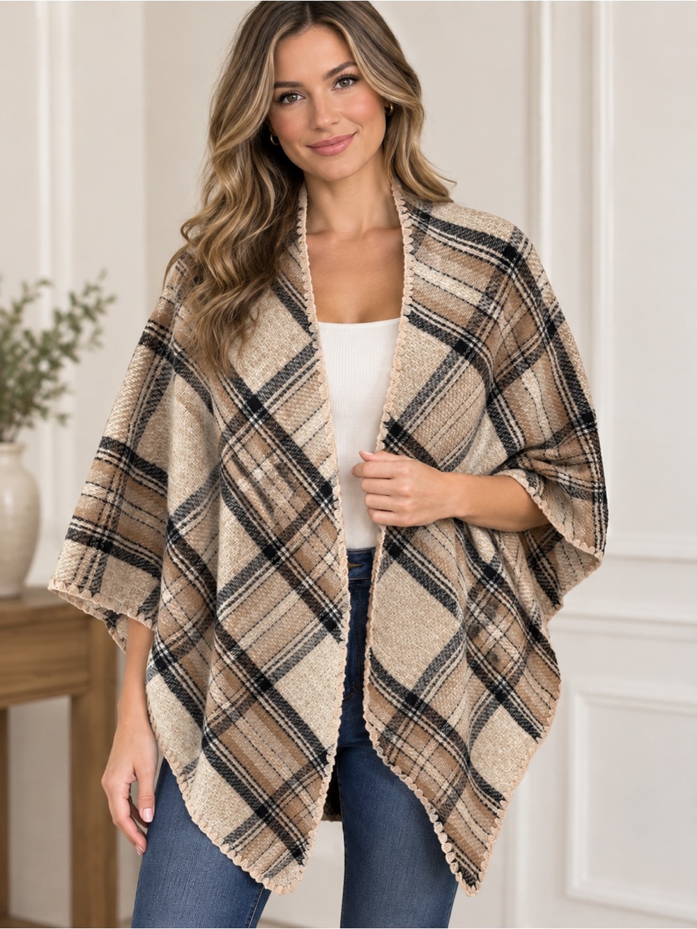 Plaid Beige & Black Open Front Cape - by Top it Off